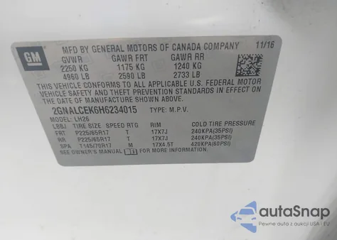 2017 Chevrolet Equinox Lt z USA, uszkodzony, nr VIN 2GNALCEK6H6234015